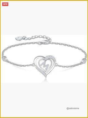 925 Sterling Silver Heart Initial Charm Link Bracelet for Women